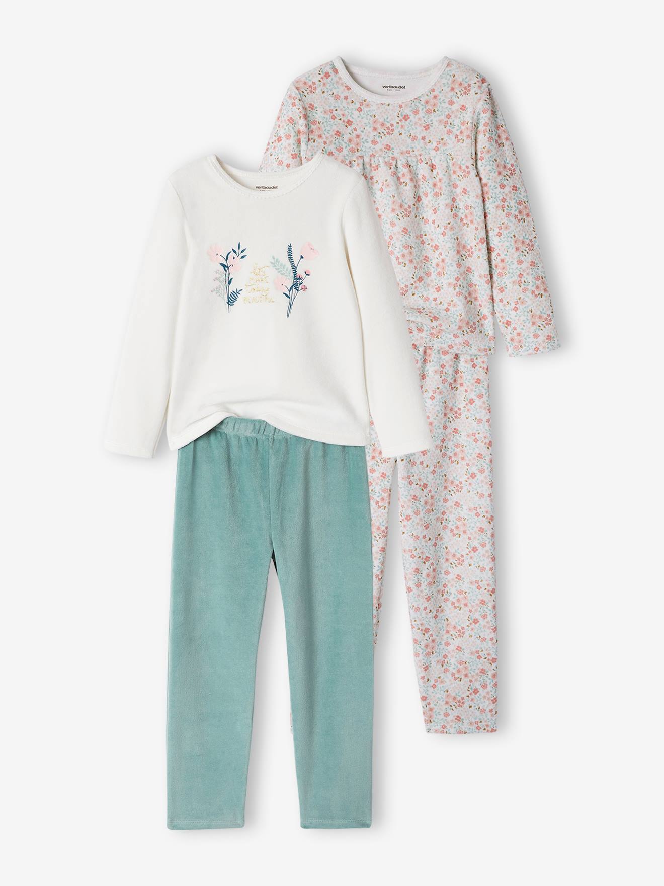 Conjunto de 2 pijamas de veludo com estampa floral, lisos em bege claro, para meninas.