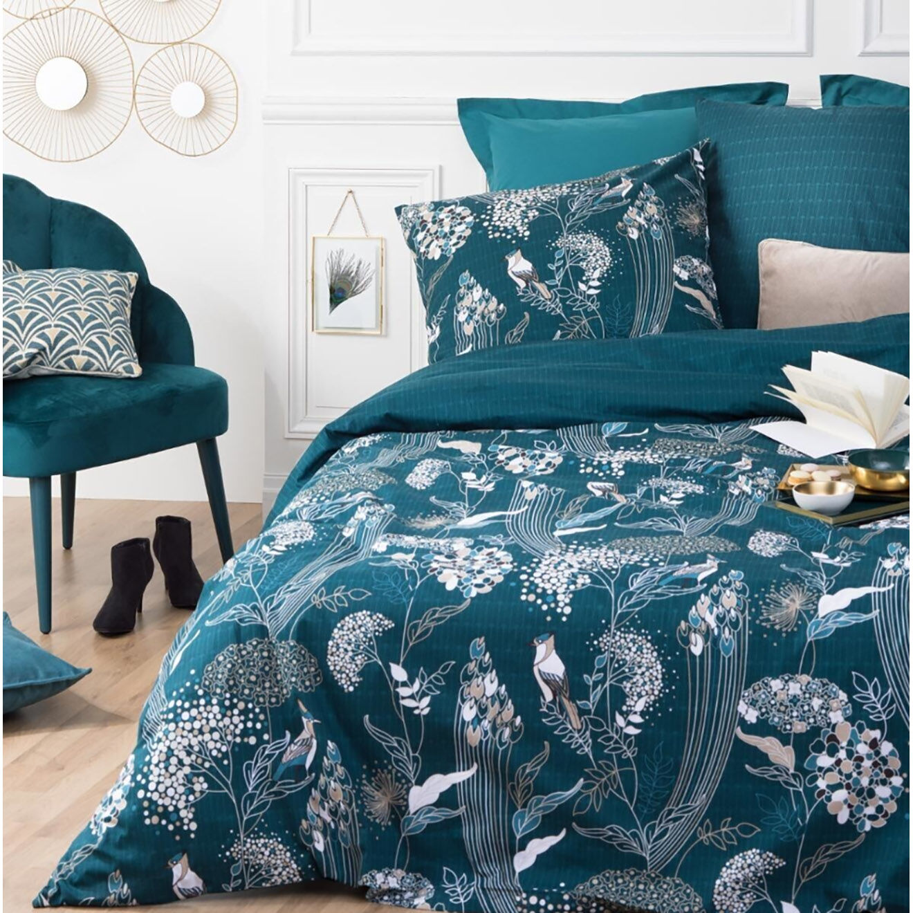 Atmosphera Parure housse de couette Art Déco Paon bleue - 240x220 cm