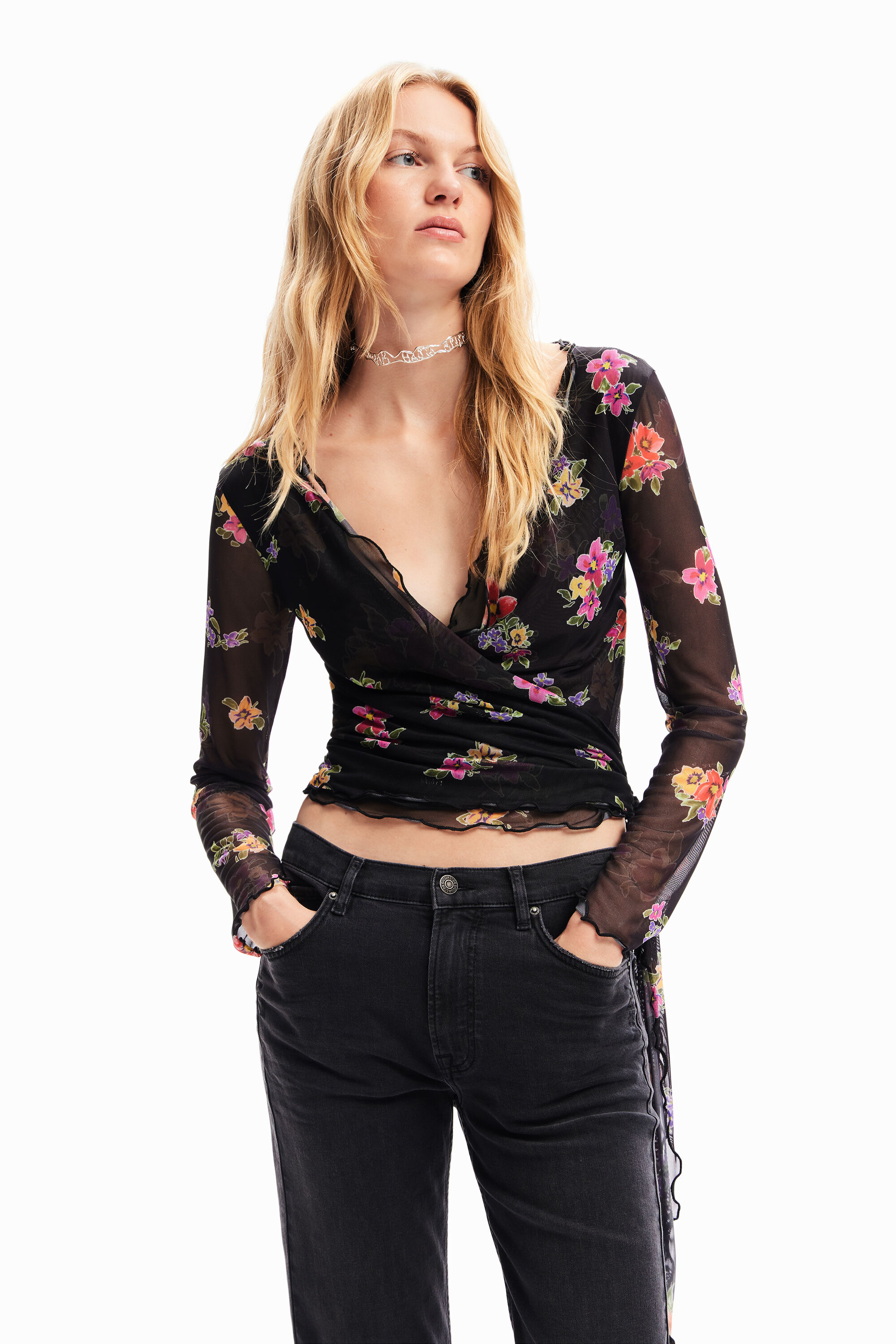 Blouse croisée tulle fleuri