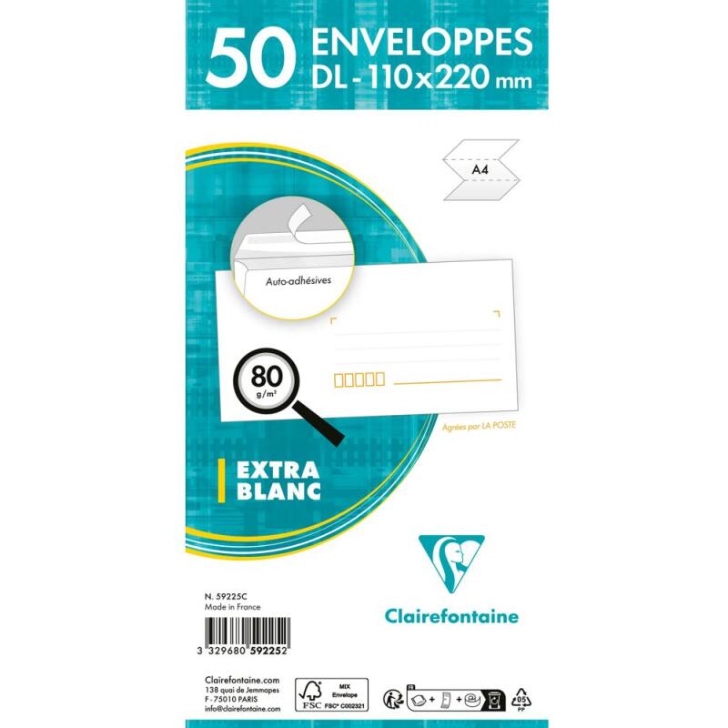 Paquet de 50 Enveloppes Blanches DL-110x220 mm - Précasées - Auto-Adhésives - 80g/m2 - Blanc