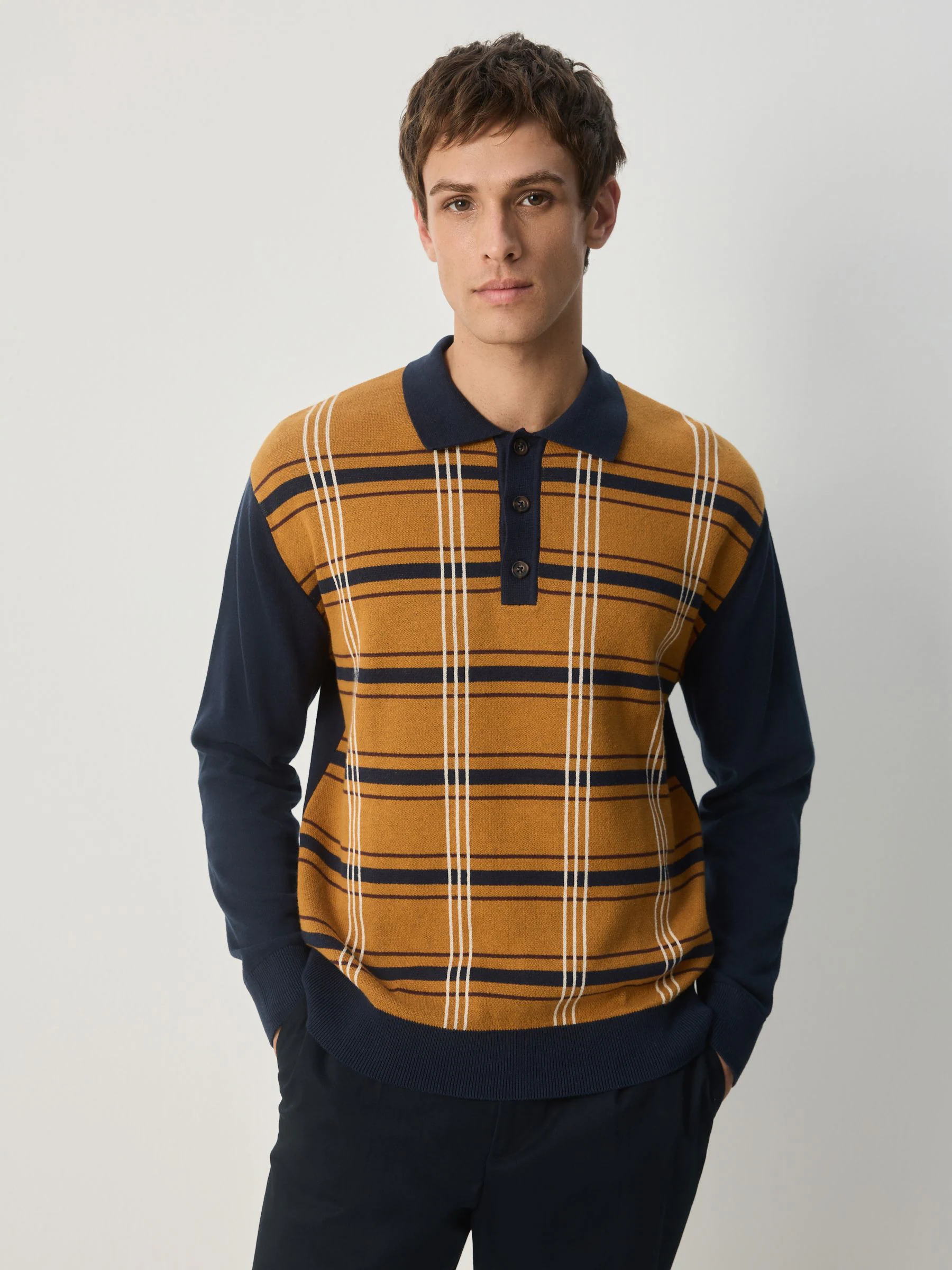 Marineblauw/mosterdgeel - Regular Fit Long Sleeve Knitted Check Polo Shirt