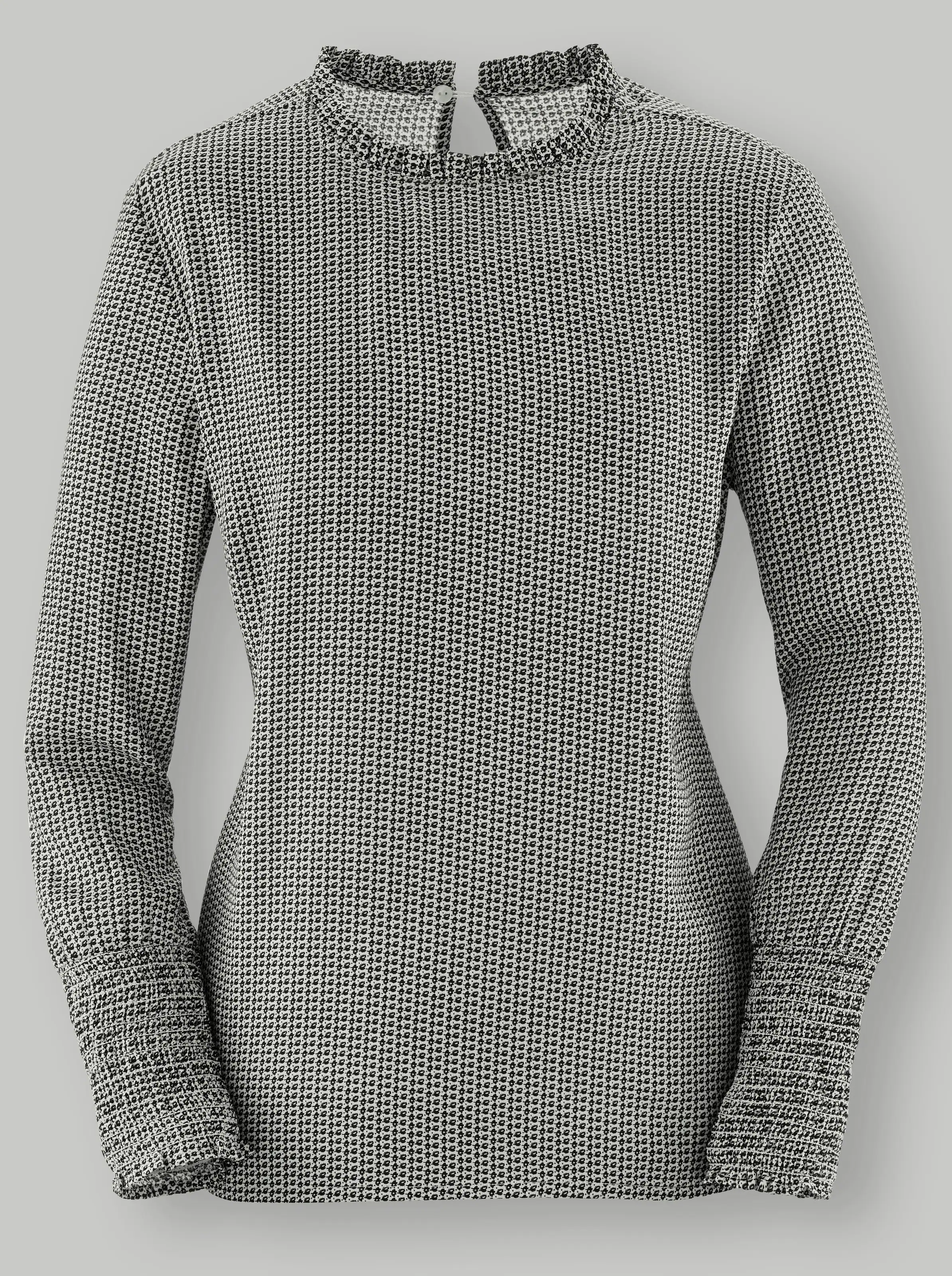 Rüschenbluse in schwarz-weiß-gemustert