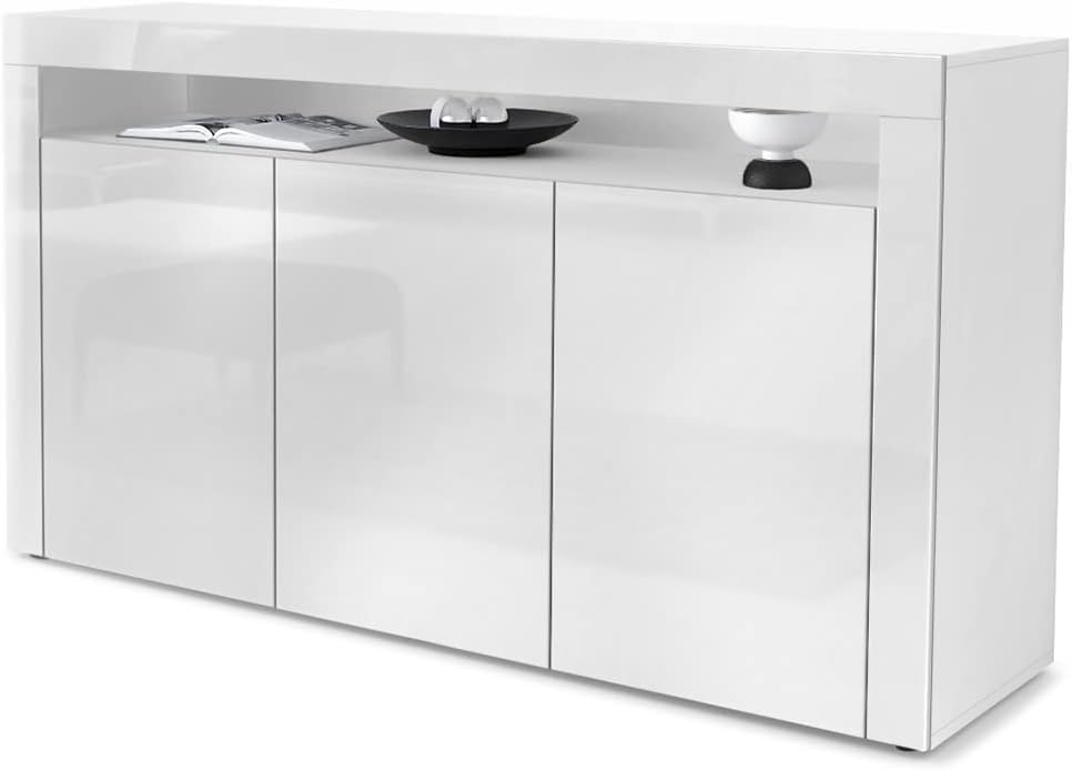 Vladon Sideboard Valencia, Made in Germany, Kommode mit 3 Türen und 1 offenem Fach, Weiß matt/Weiß Hochglanz (155 x 92 x 40 cm)