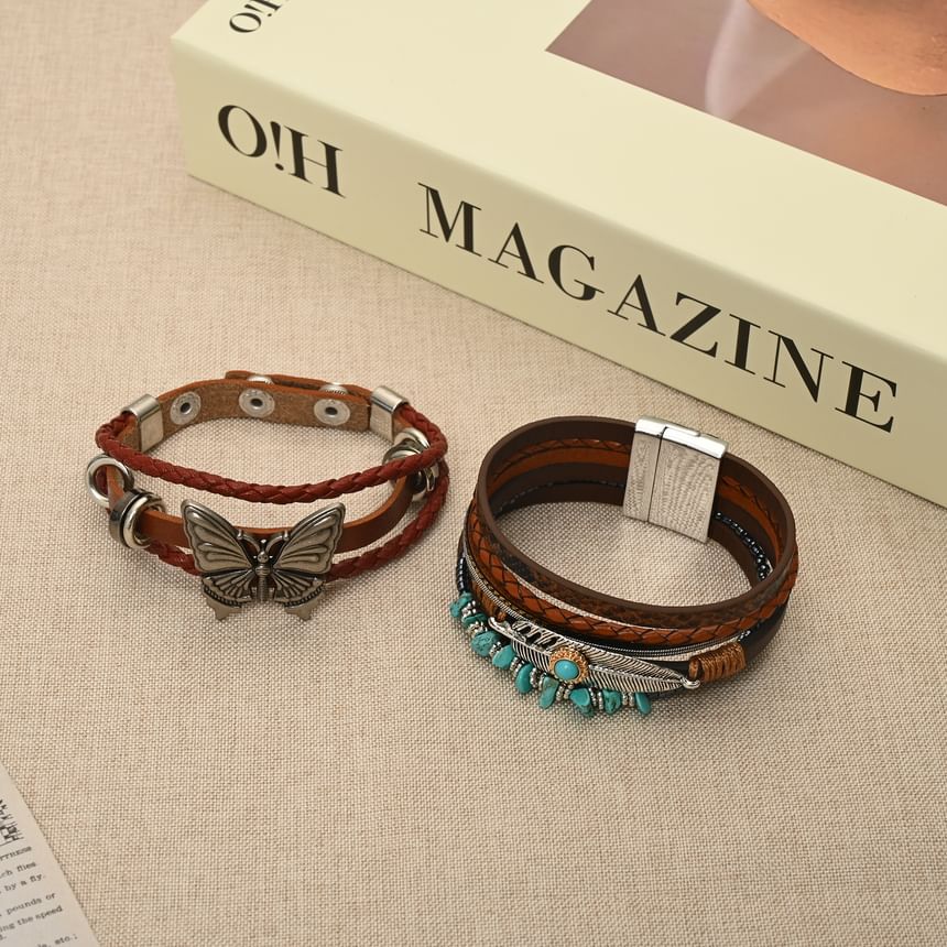 Lilafey - Vlinder / Turquoise / Legering Kunstleren Gelaagde Armband (Diverse Ontwerpen)