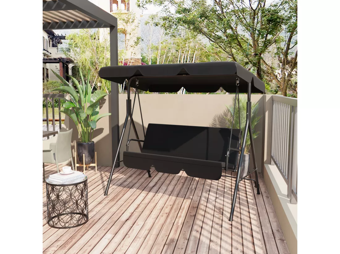 Balancelle de jardin 3 places toit inclinaison réglable coussins assise et dossier 1,72L x 1,1l x 1,52H m acier noir polyester noire