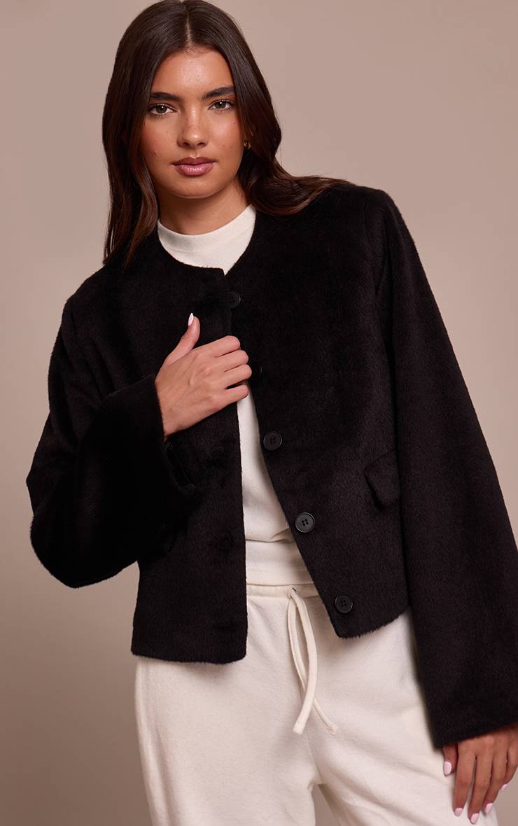 Noir Veste Cintrée En Laine Brossée À Simple Boutonnage