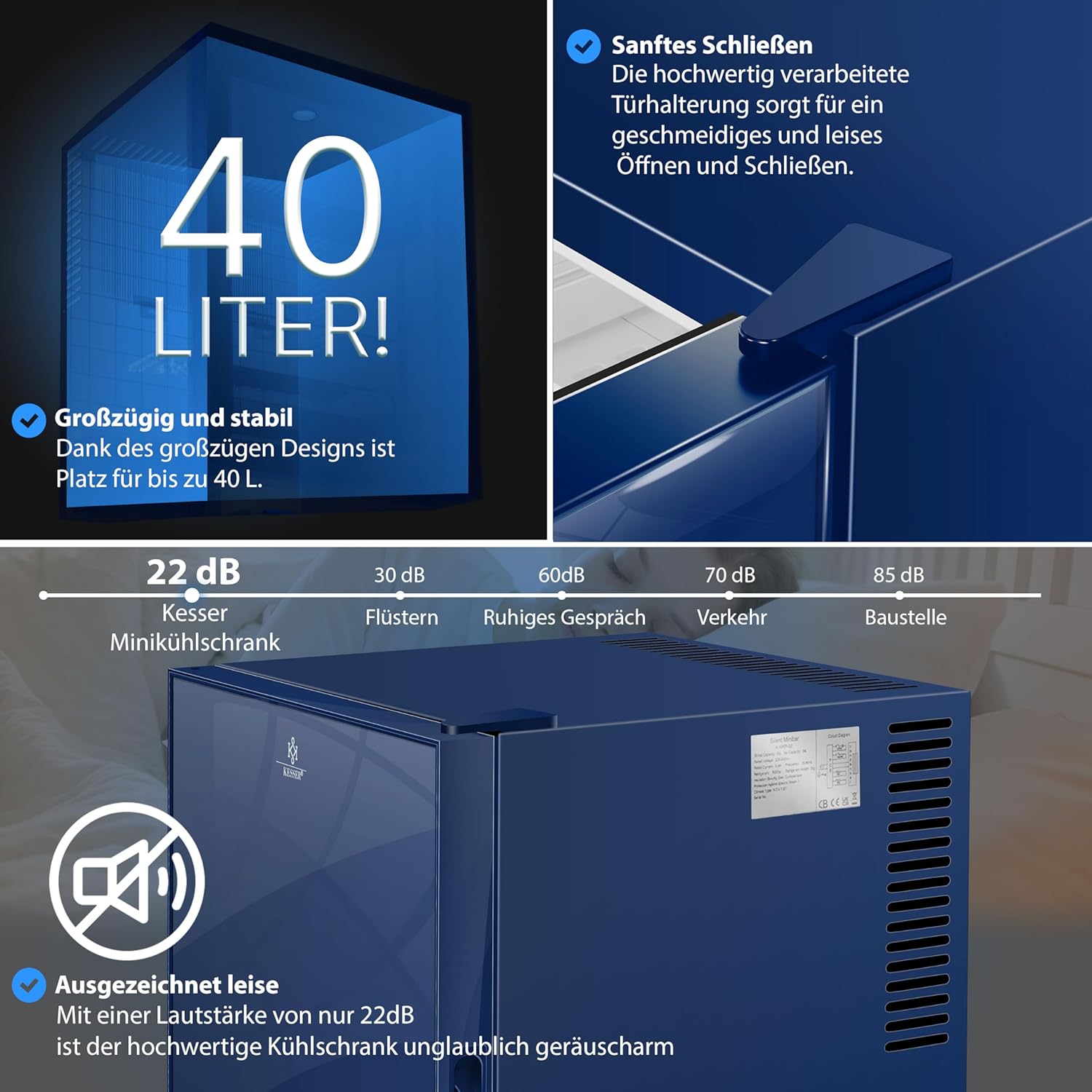 KESSER® Mini réfrigérateur avec Serrure, Mini Bar de 40 l, Silencieux, 22 DB, verrouillable, Chambre à Coucher, butée de Porte Amovible, env. 4 à 16 °C, Hauteur 57 cm, éclairage intérieur