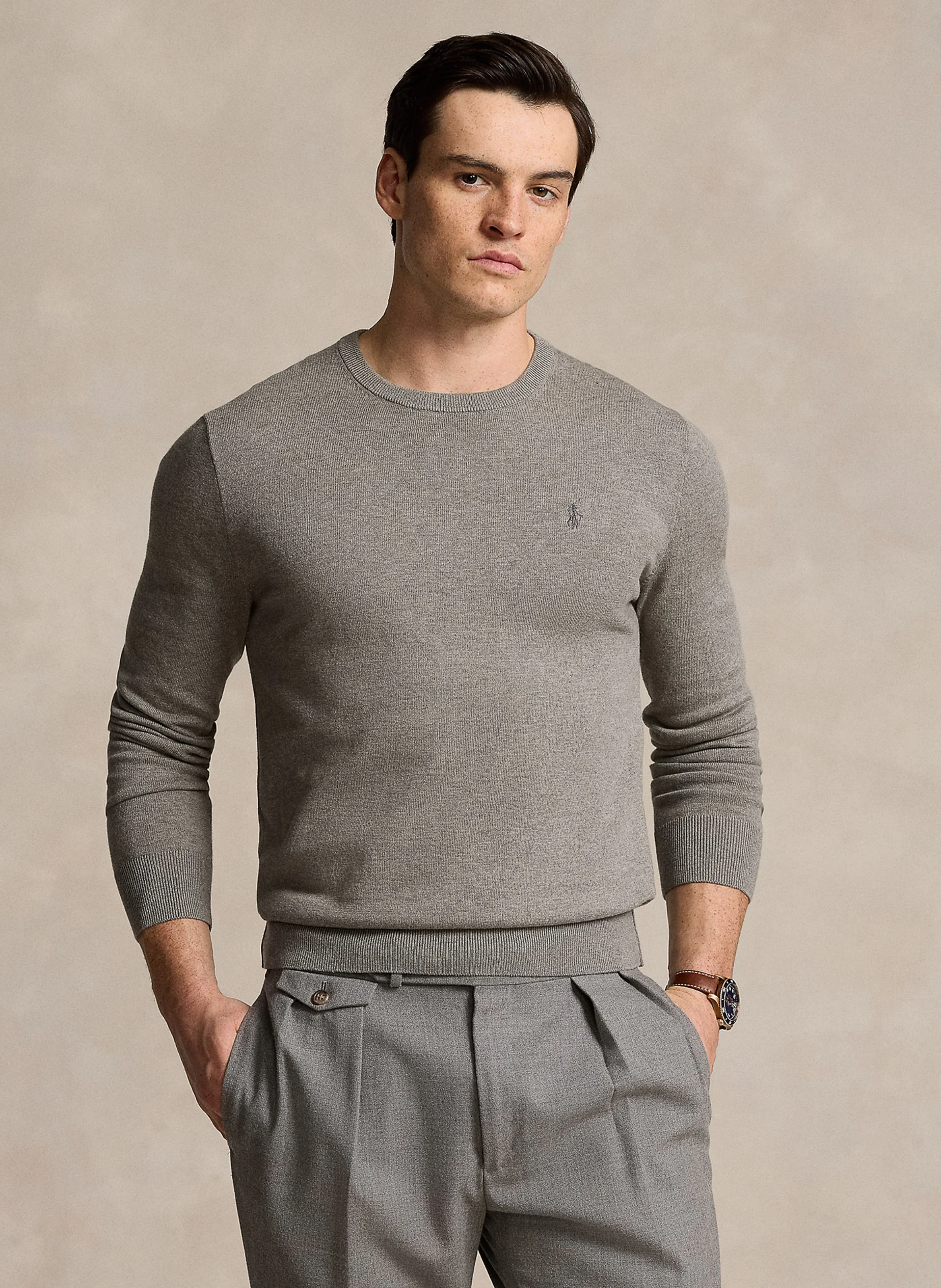 Pull col rond logo brodé en coton mélangé | Marron