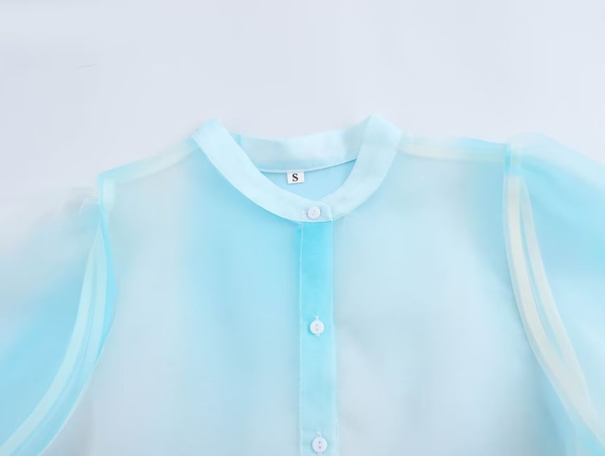 Cumulys - Blouse met ballonmouwen en bandkraag en palmboomprint