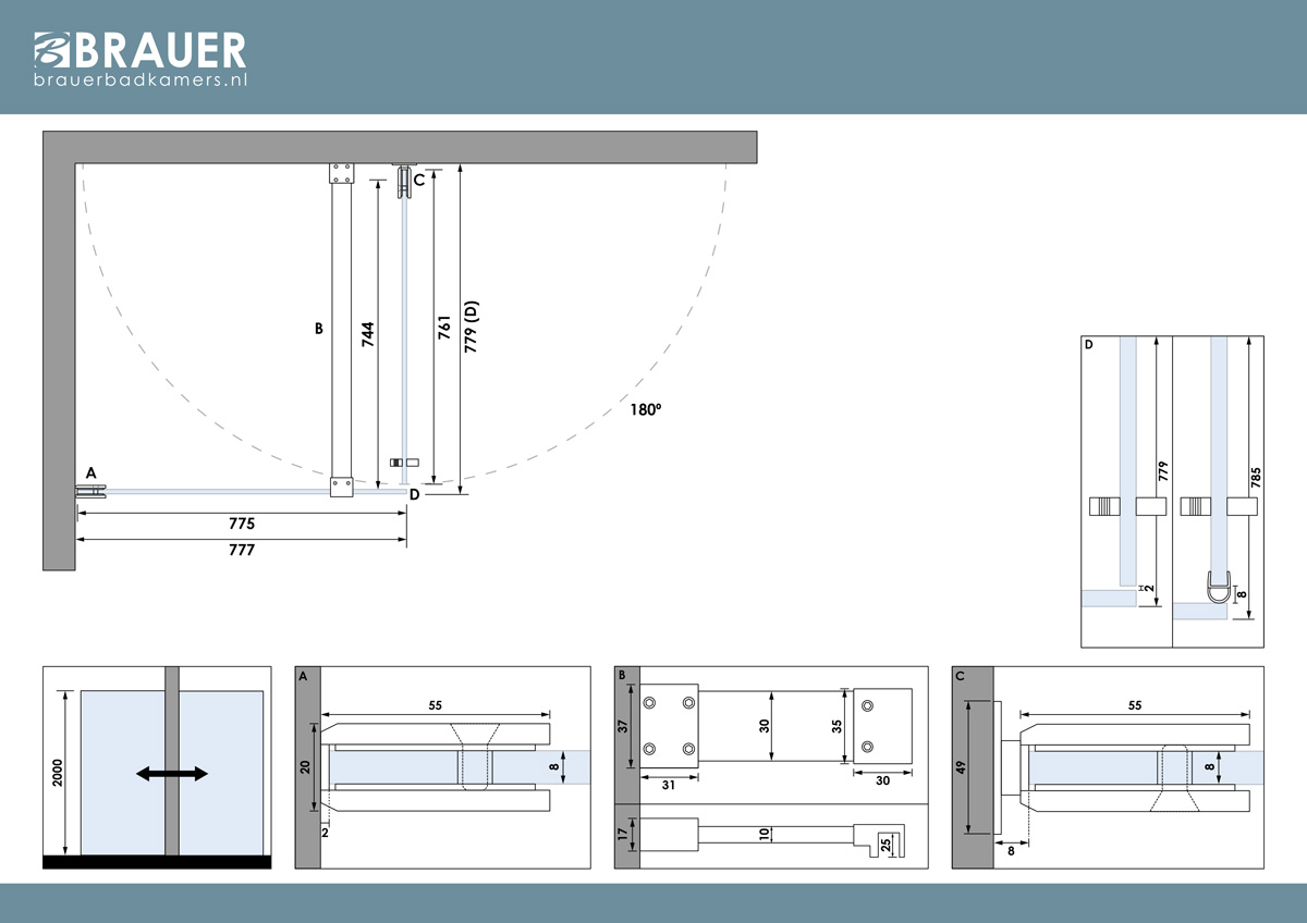 Brauer Void profielloze douchecabine 80x80cm RVS geborsteld PVD