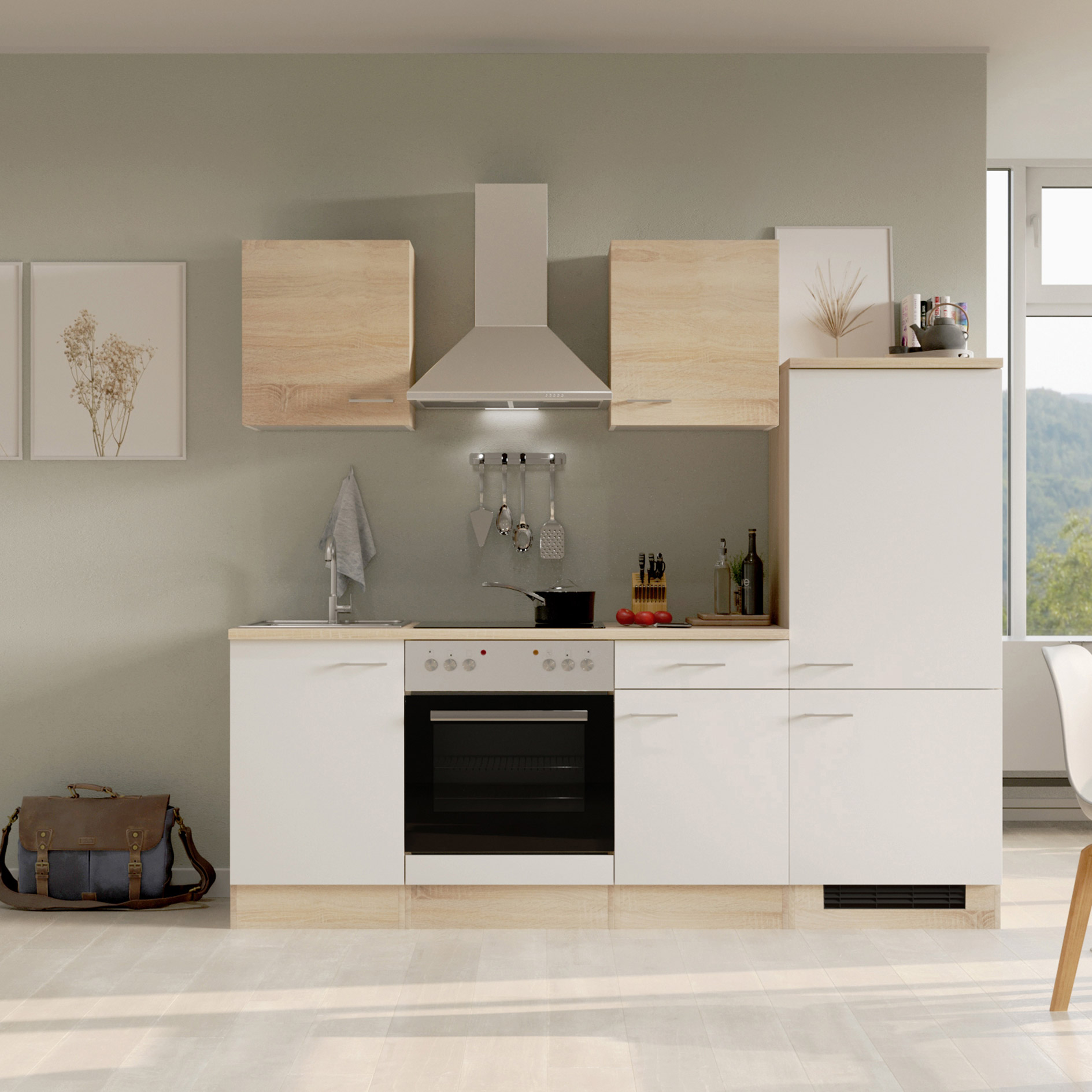 Küchenblock SAMOA - weiß - Sonoma Eiche - mit E-Geräten - 220 cm