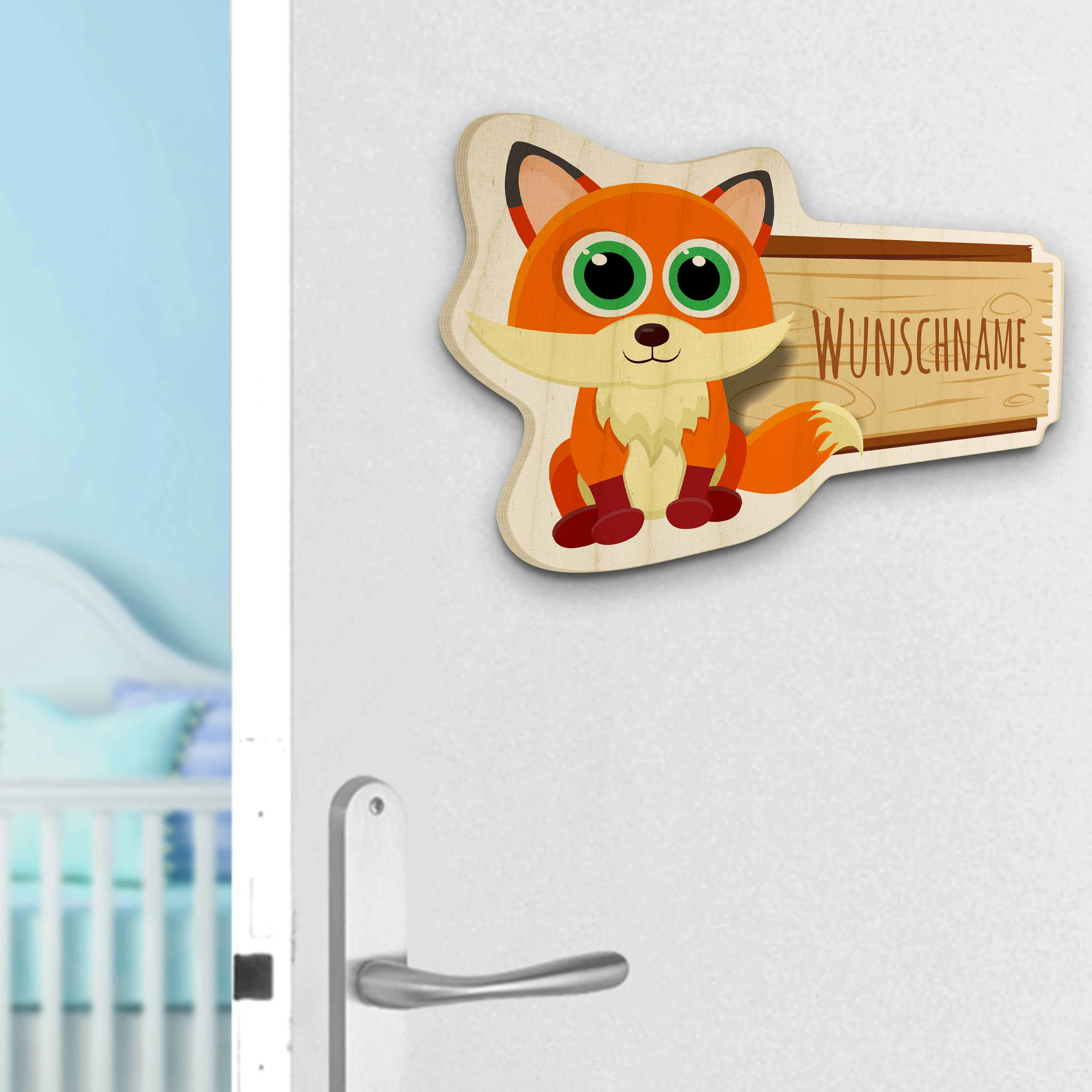 Personalisiertes Holz-Türschild mit Namen (Motiv: Fuchs)