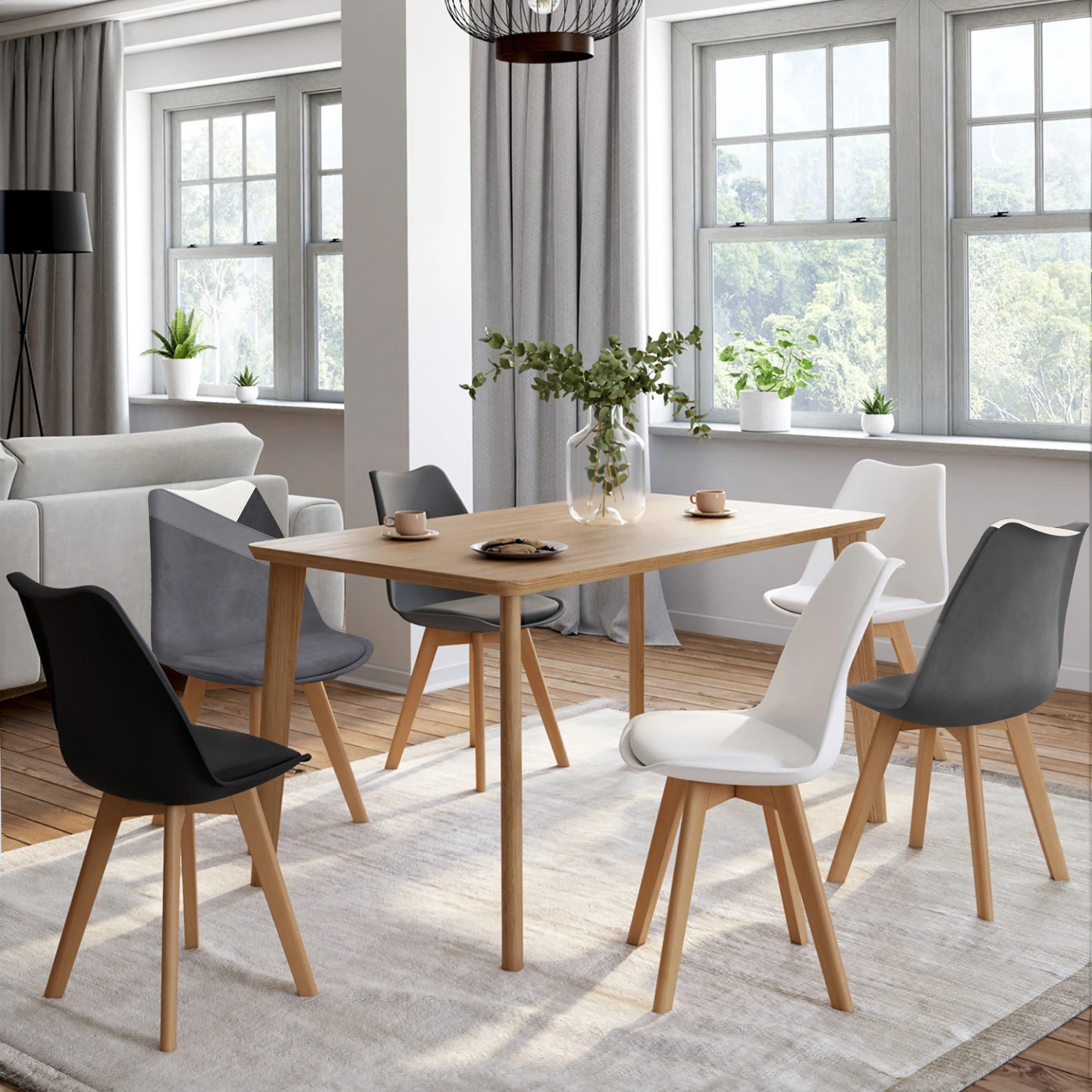 Lot de 6 chaises scandinaves SARA gris foncé, blanc, noir et velours patchworks noir, gris et blanc