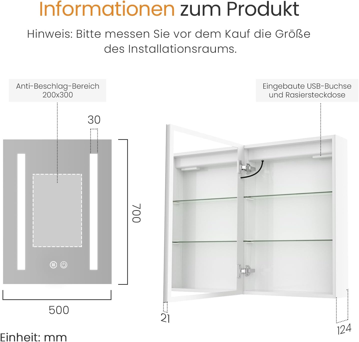 EMKE Spiegelschrank Bad Mit Beleuchtung 50x70cm, 3 Dimmbare Lichtfarben, Antibeschlag, Steckdose, Badezimmer Mit Glasablage, Weißer Doppelspiegel, Speicherfunktion
