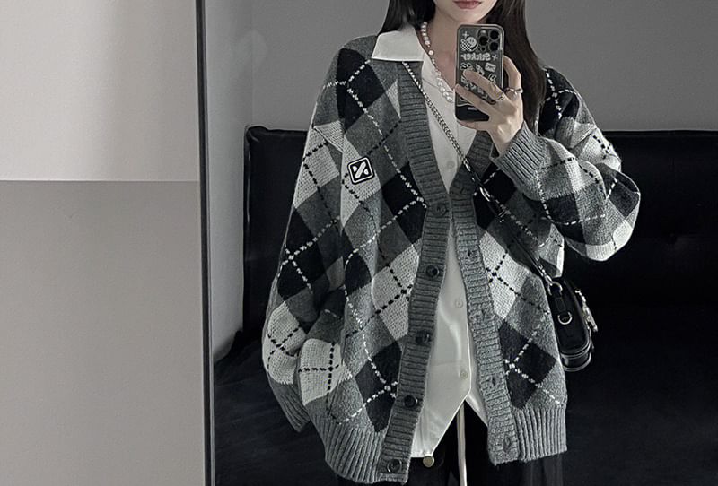 Honey River - V-hals Argyle Losvallend Vest met Knoopjes