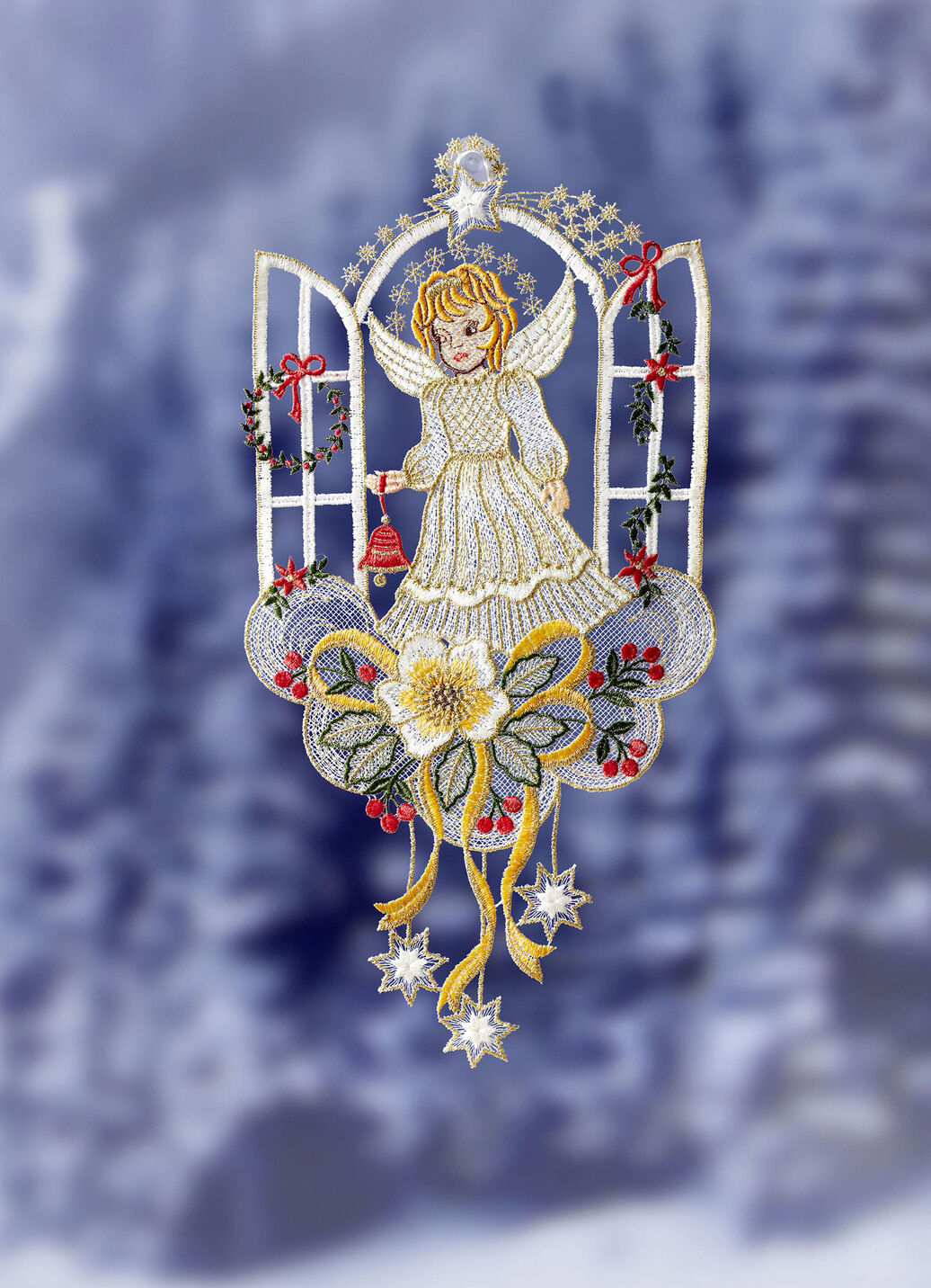 Fensterbild Engel aus echter Plauener Spitze