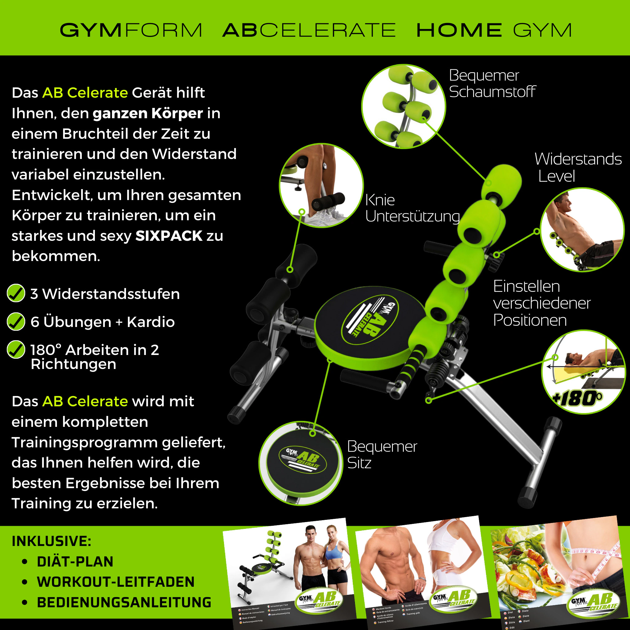 Gymform® Bauchtrainer - Bauchmuskeltrainer mit Trainingsbänder AB Celerate SET
