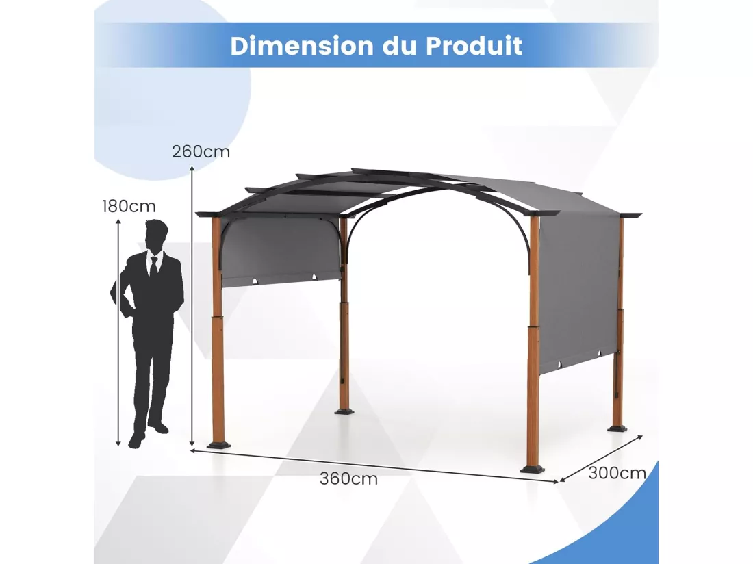 Pergola Rétractable d'Extérieur 300 x 360 CM, Pergola Métallique à Arcs pour Patio avec Auvent Rétractable Poteaux Aspect Bois, Tonnelle Treillis pour Jardin Patio Porche Cou (Gris)