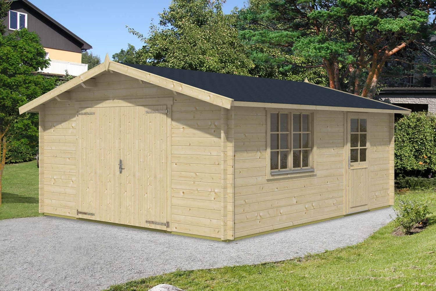 Alpholz B-44 ISO houten garage met dubbele deuren, houten garagedeur, carport met 44 mm wanddikte, prefab garage met montagemateriaal, natuurlijke afwerking, 4,7 x 5,7 m