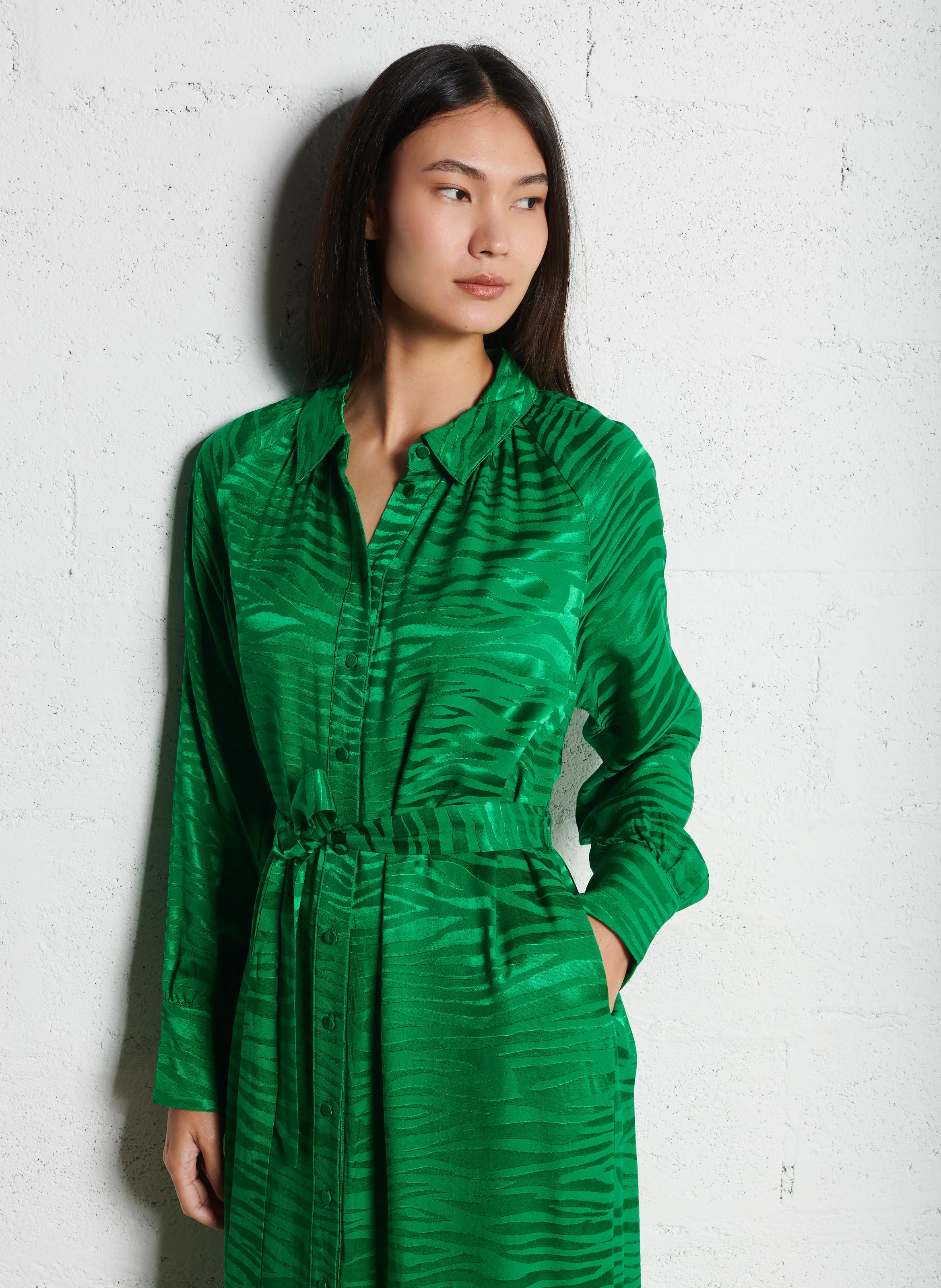 CRAFT - Robe midi col classique en jacquard | Vert