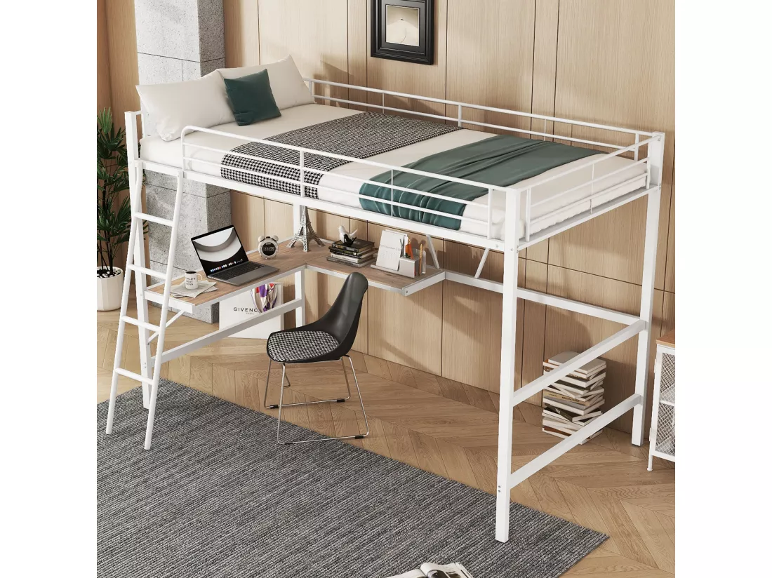 Lit mezzanine en fer - 90x200cm - avec bureau d'angle et une étagère - Blanc