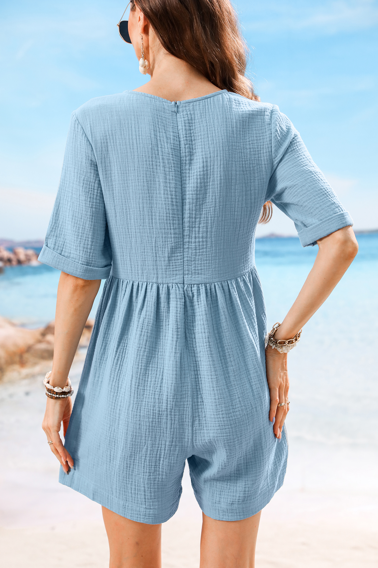 Combishort en pur coton à poches plaquées et jambes larges bleu