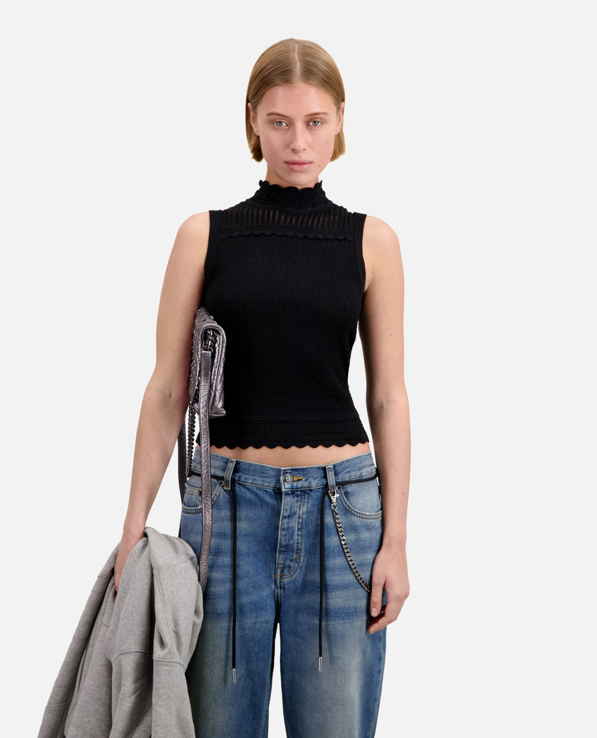Cropped black openwork knit sweater