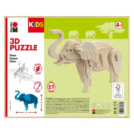 Marabu KiDS 3D Holzpuzzle Elefant, 27 Teile, ca. 16 x 13 cm