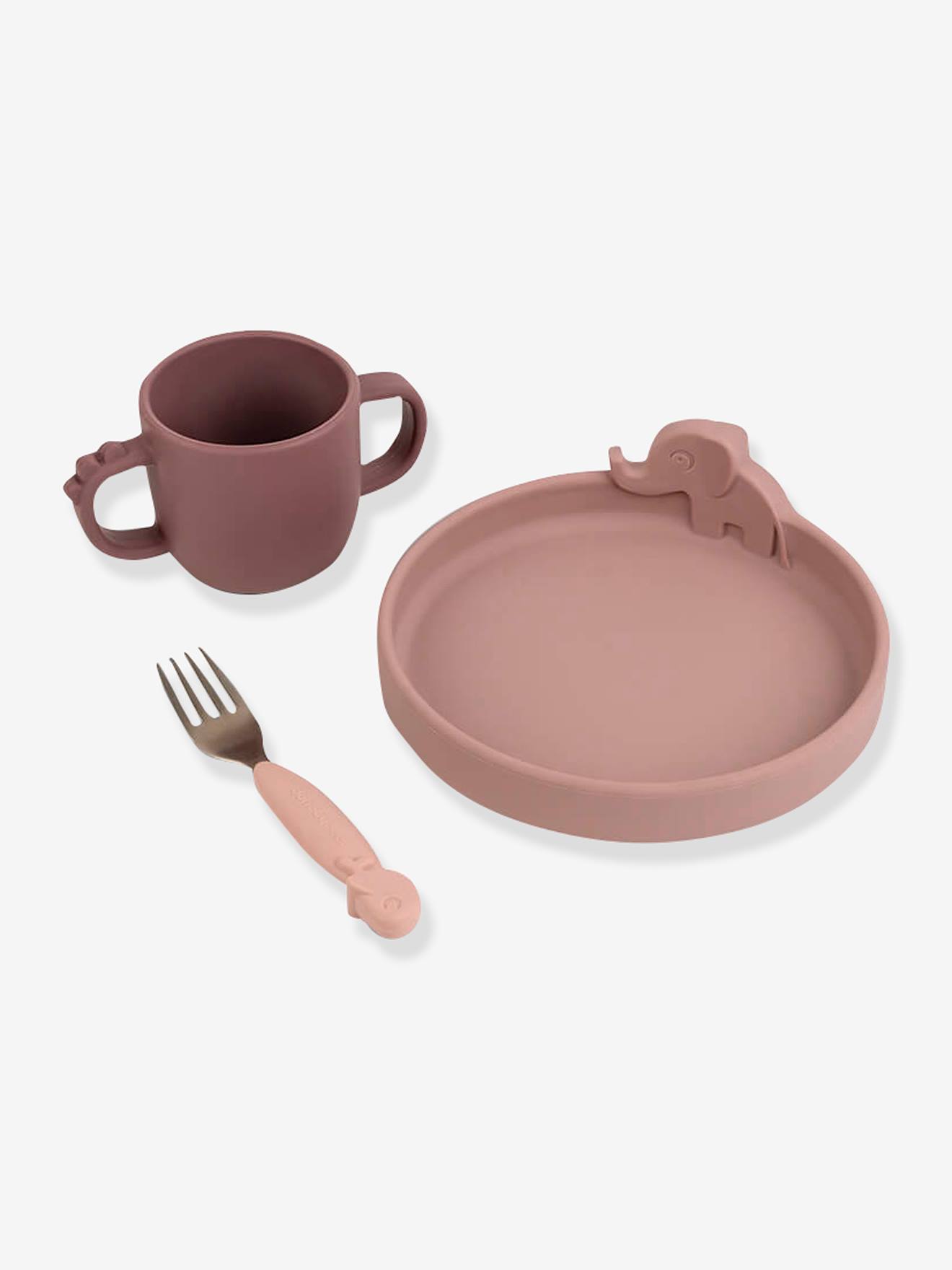 FEITO POR UM VEADO Estojo para alimentos Peekaboo Deer Friends com 3 itens, feito de silicone rosa claro liso com motivos.