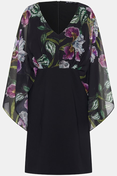 Kleid, Blüten, Chiffonärmel, V-Ausschnitt, Langarm