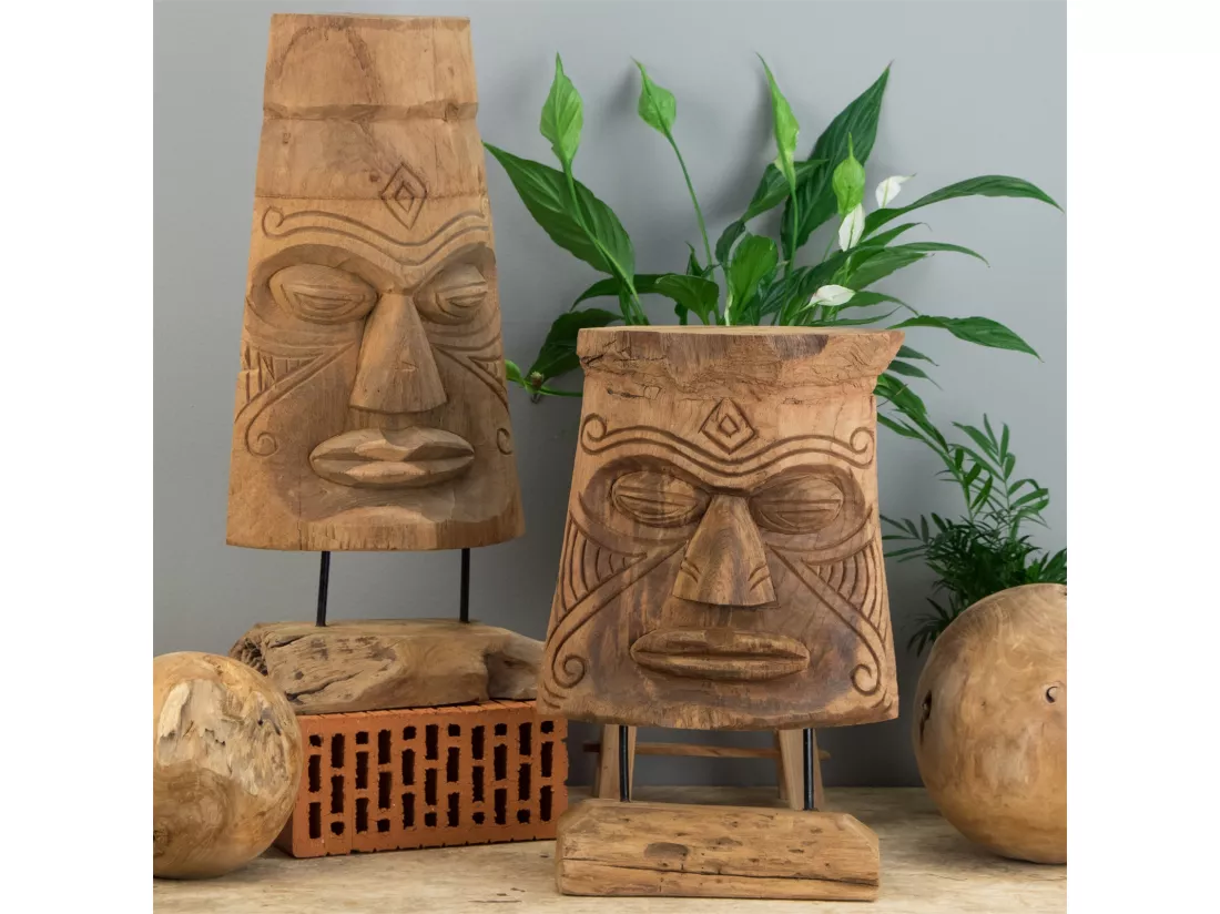 SCULPTURE Masque Tiki 40 cm, bois massif sculpté, avec socle couleurs naturelles