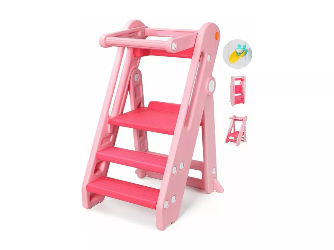 Onasti Chaise Haute Bébé HDPE,Tour d'Apprentissage 18 mois-6 ans Hauteur Réglable,Repose-pieds Antidérapants,Pliable,Sécurité - Rose