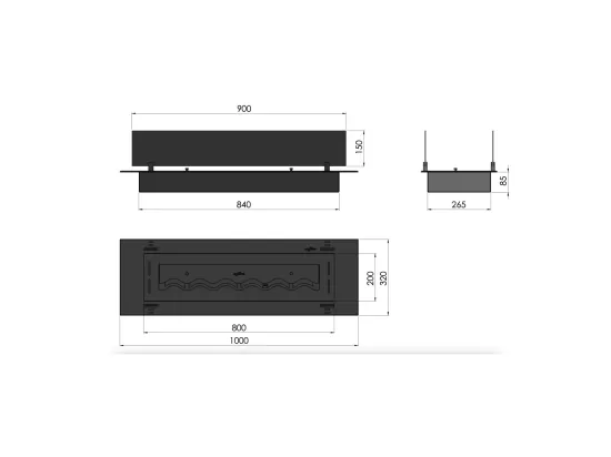 Brûleur insert bioéthanol 100cm en inox noir, à encastrer ou à poser, 3 litres avec verres inclus