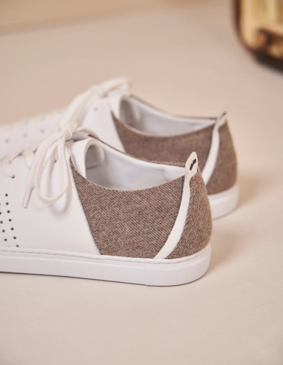 Baskets basses René - Cuir blanc et flanelle beige