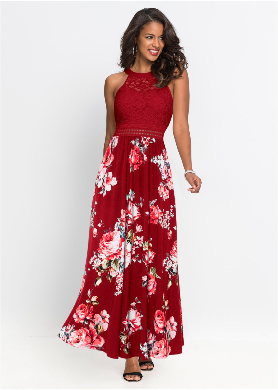 Robe longue estivale avec imprimé floral et empiècement dentelle