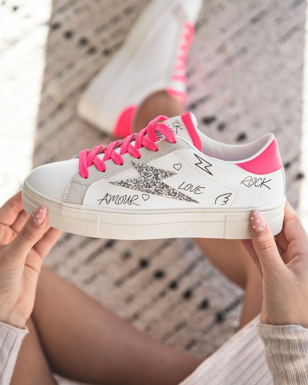 Basket femme blanche rose à lacets éclair - Alix