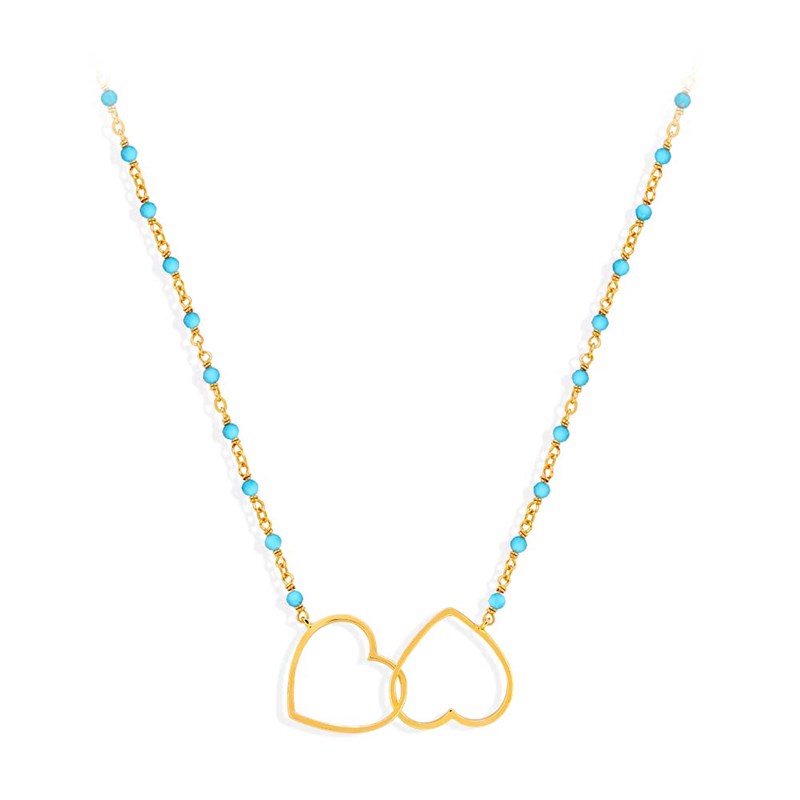 Collier Argent Doré Double Coeur Et Pierre Turquoise