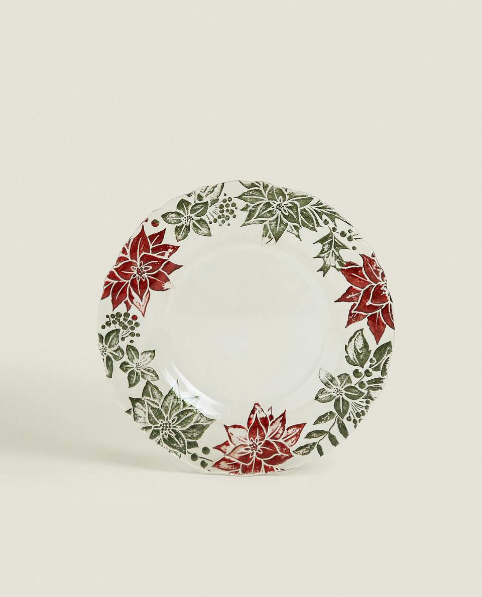 PRATO DE SOBREMESA DE VIDRO COM ESTAMPA DE POINSETTIA