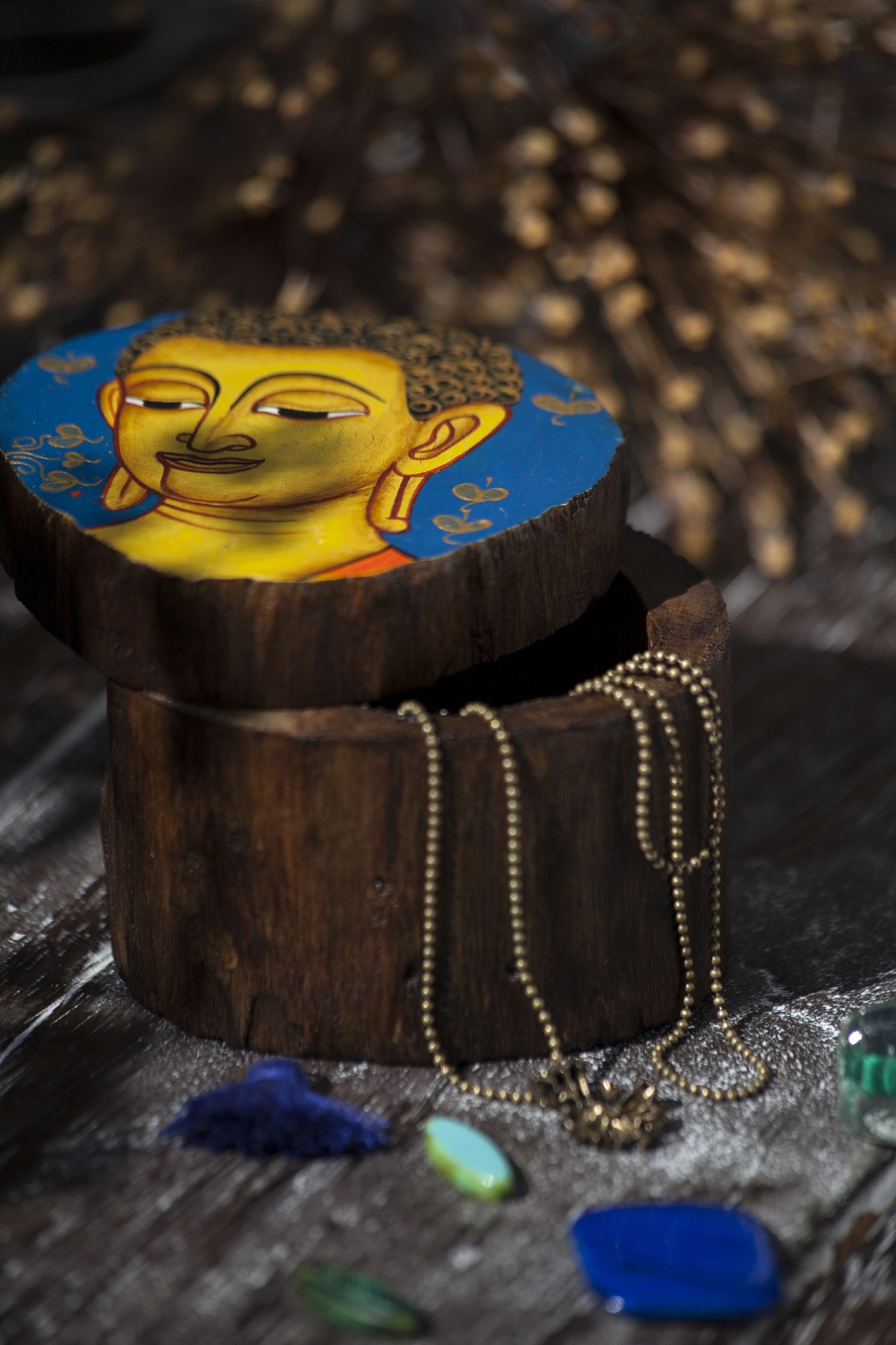 Holzschatulle 'Buddha blau', Teak, Ø 8 - 9 cm, H 7 cm von fischer's lagerhaus