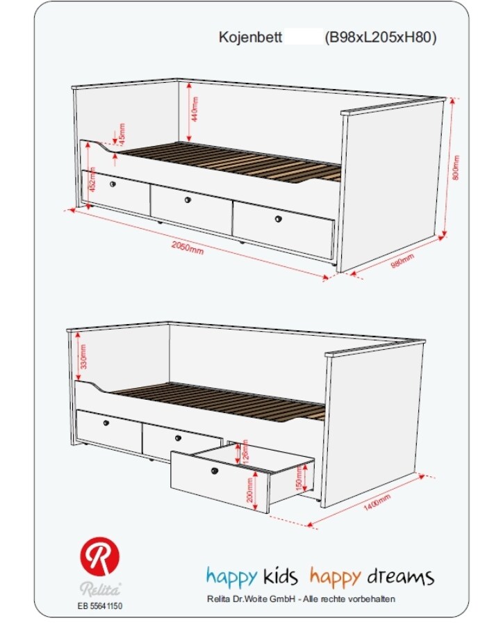 Relita Funktionsbett eLeona 90x200 cm ohne Lattenrost, mit 3 Schubladen, Ausf. Weiß lackiert