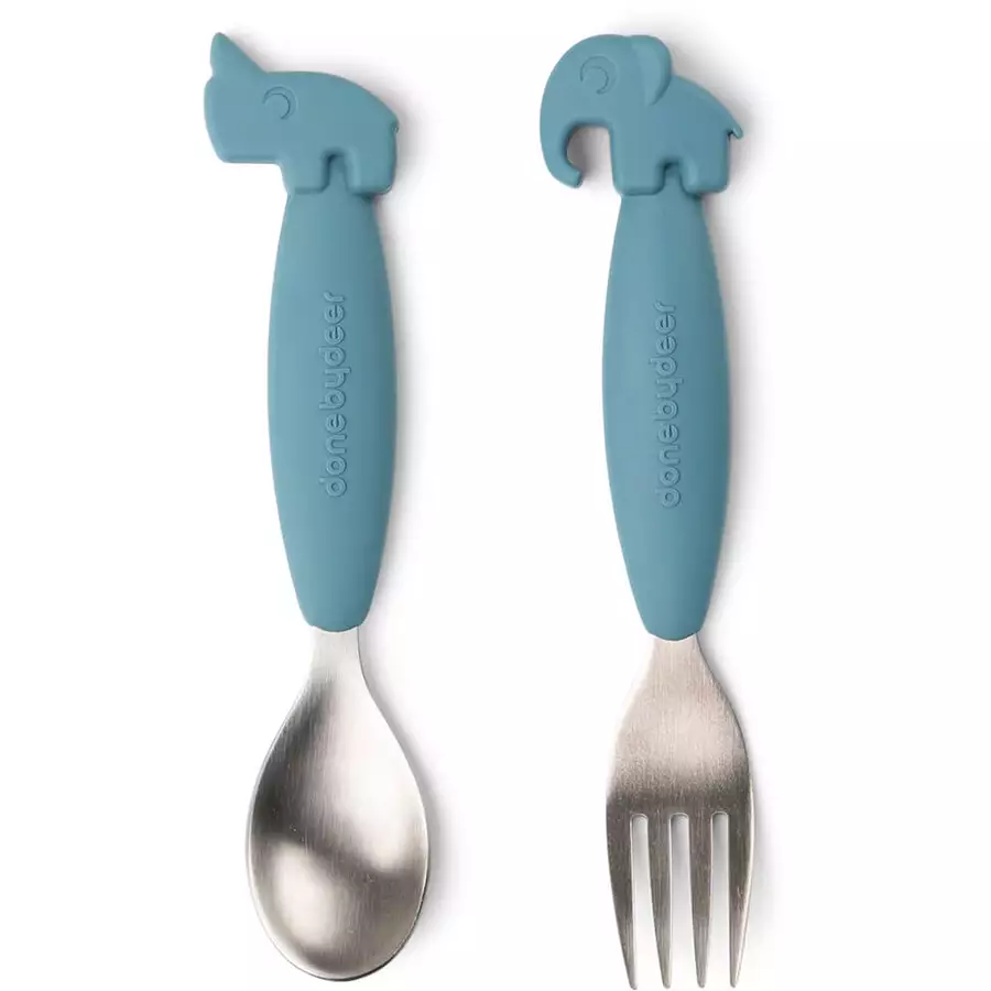 Done by Deer™ Löffel- und Gabelset Easy-grip, Deer friends Blau