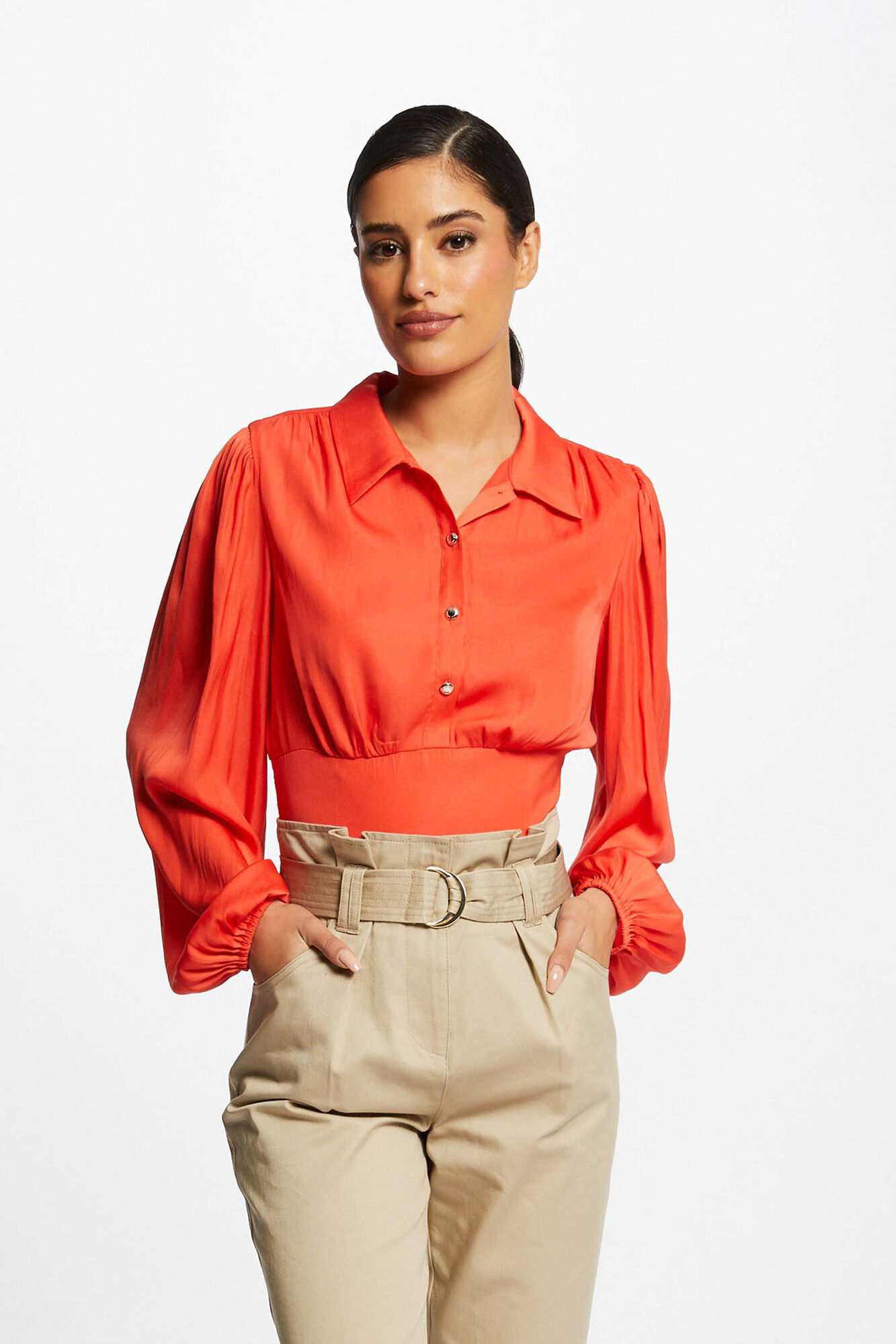 Blusa de manga comprida com mangas bufantes - Laranja
