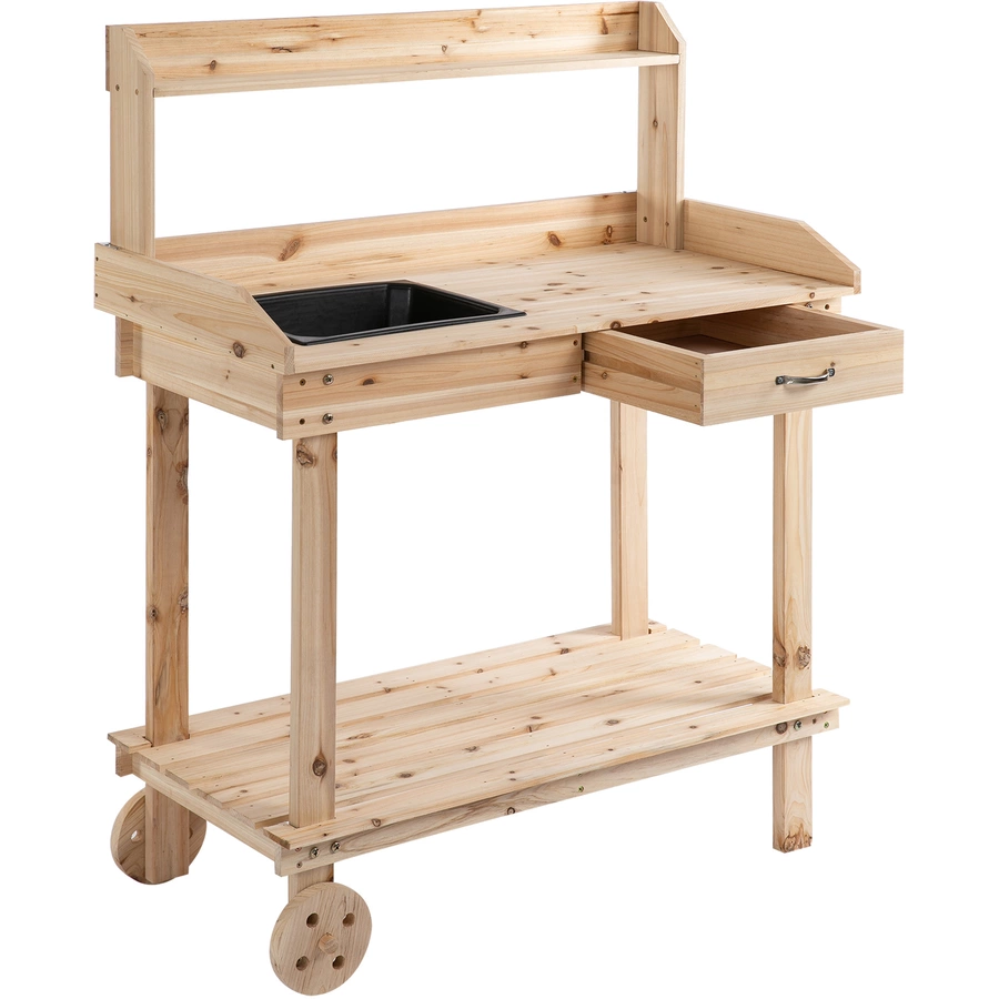 Outsunny Gärtnertisch mit Waschbecken und Rollen holz