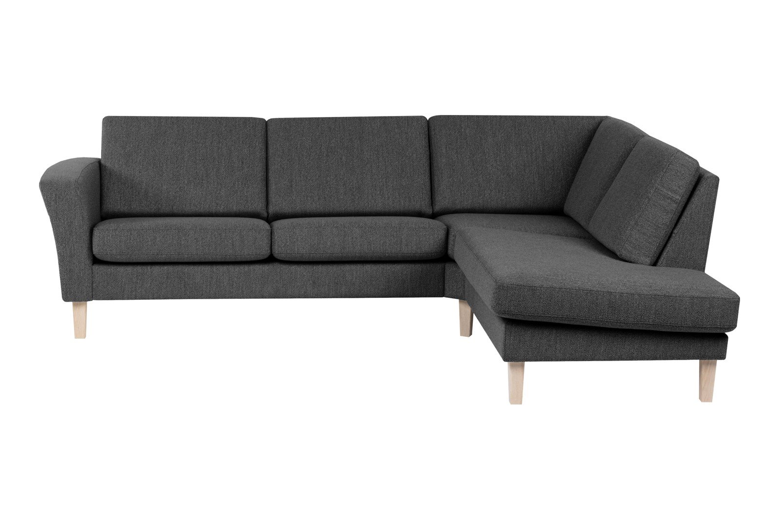 Slogen hjørnesofa Oppsett AH. 2,5-seter med åpen ende høyre. Tekstil Viva Dark Grey med standard ryggpute. Vange A og hvitpigmentert ben 178.