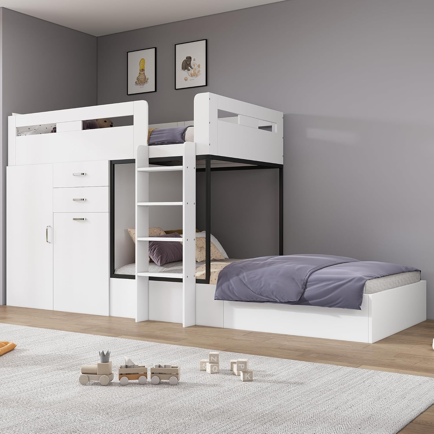 Kinderbett 90x200 cm, Hochbett für 2 Kinder, Etagenbett mit Ausziehbarer Schreibtisch, Kleiderschrank, Bücherregal, Schubladen und Trittleitern, Funktionsbett Stockbett Jugendbett, Weiß,ohne Matratze AQ2369632