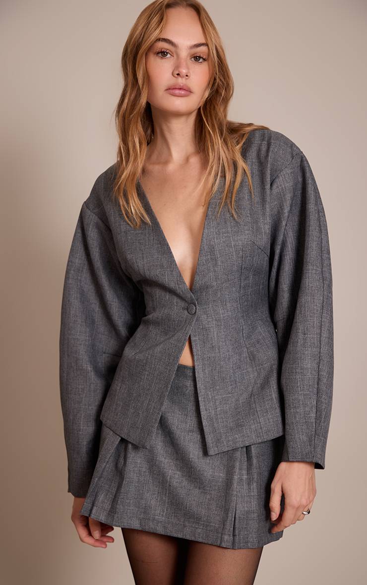 Gris Blazer À Taille Cintrée Et Manches Cocon