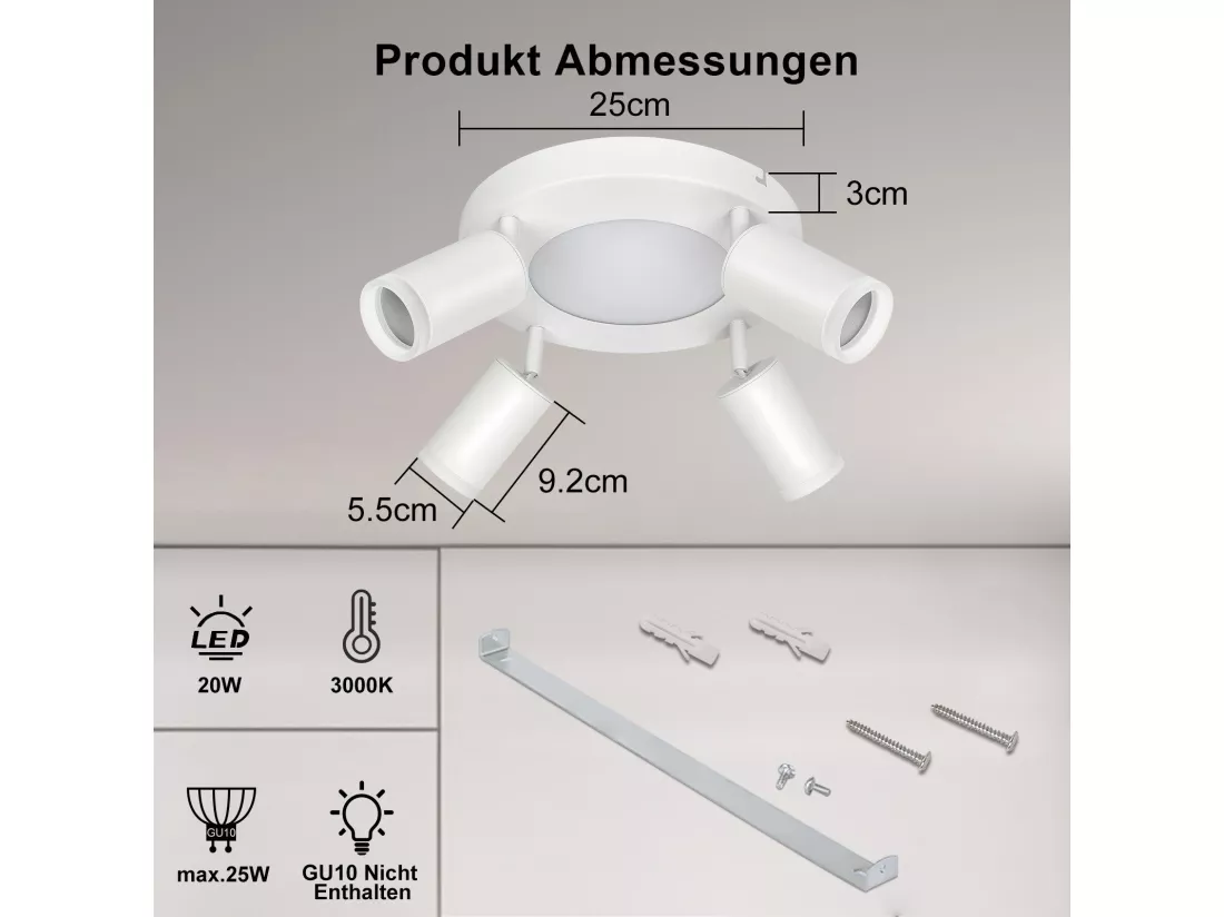 NETTLIFE Spot de plafond 4 ampoules rond 20W 3000K GU10 installation facile blanc chaud orientable 350° moderne