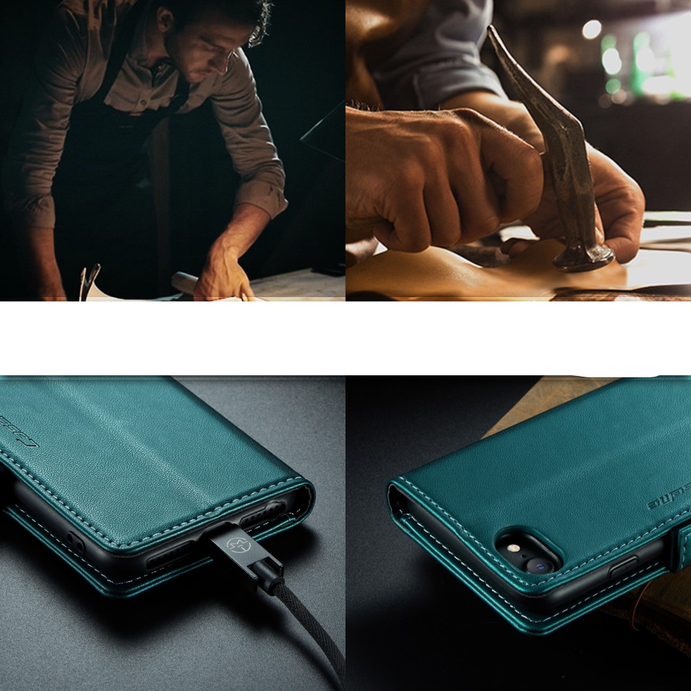 iPhone SE (2022/2020) / 8 / 7 / 6S Leder Tasche Flip Wallet Etui mit Kartenfächern Litchi Look (RFID Schutz) - Grün