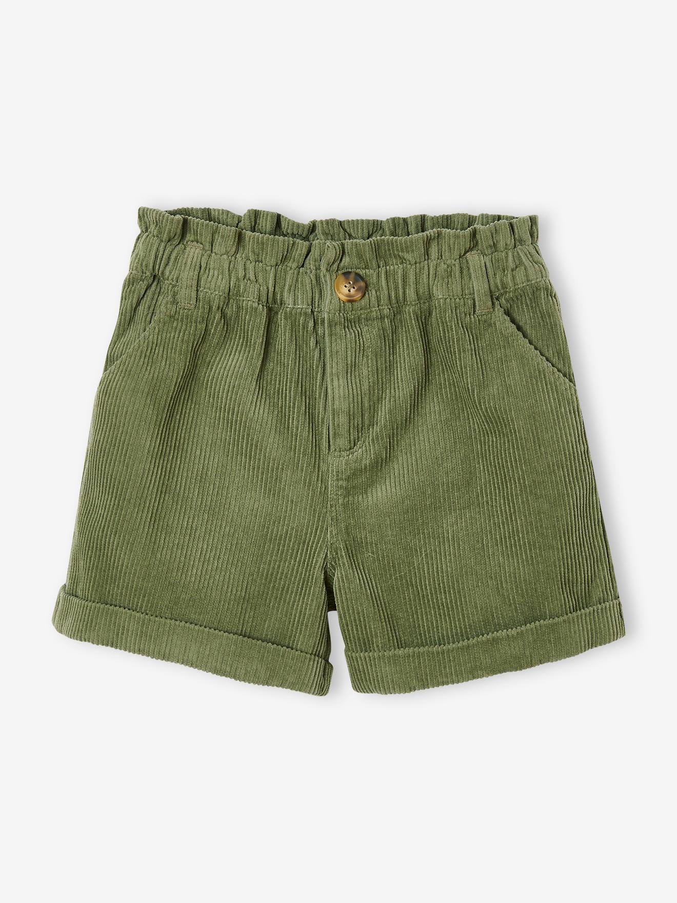 Calça curta de veludo cotelê, estilo paperbag, marrom médio, lisa.