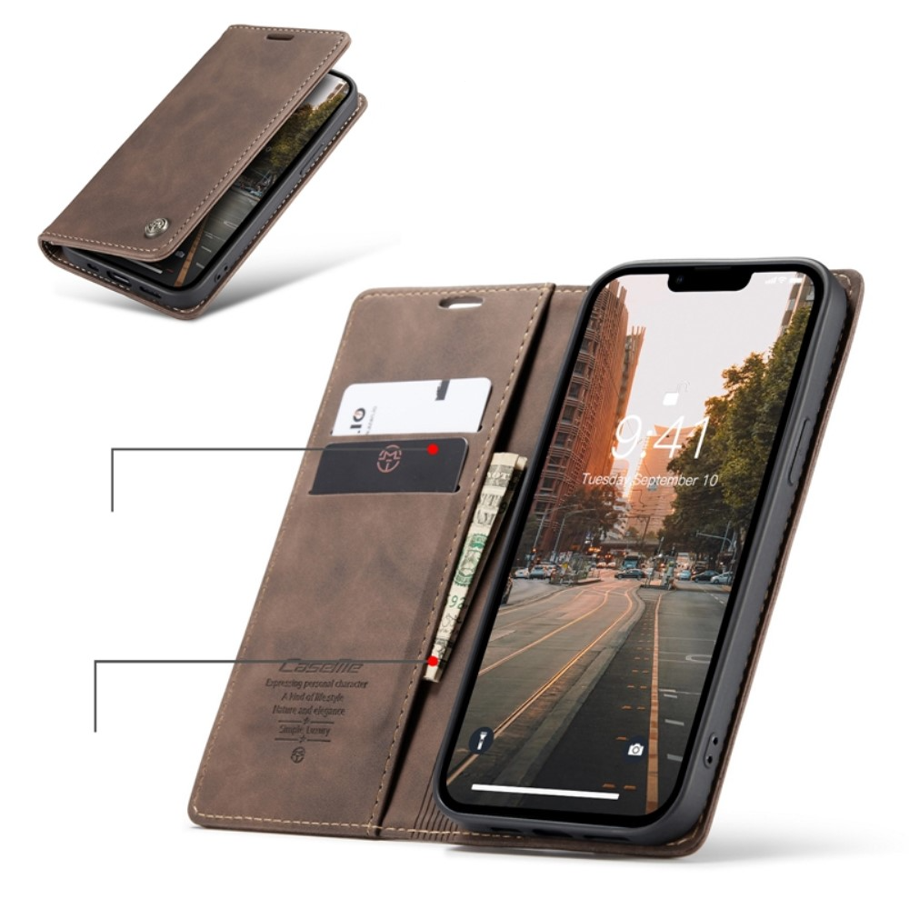 iPhone 14 Leder Tasche Flip Wallet Etui mit Kartenfächern - Braun
